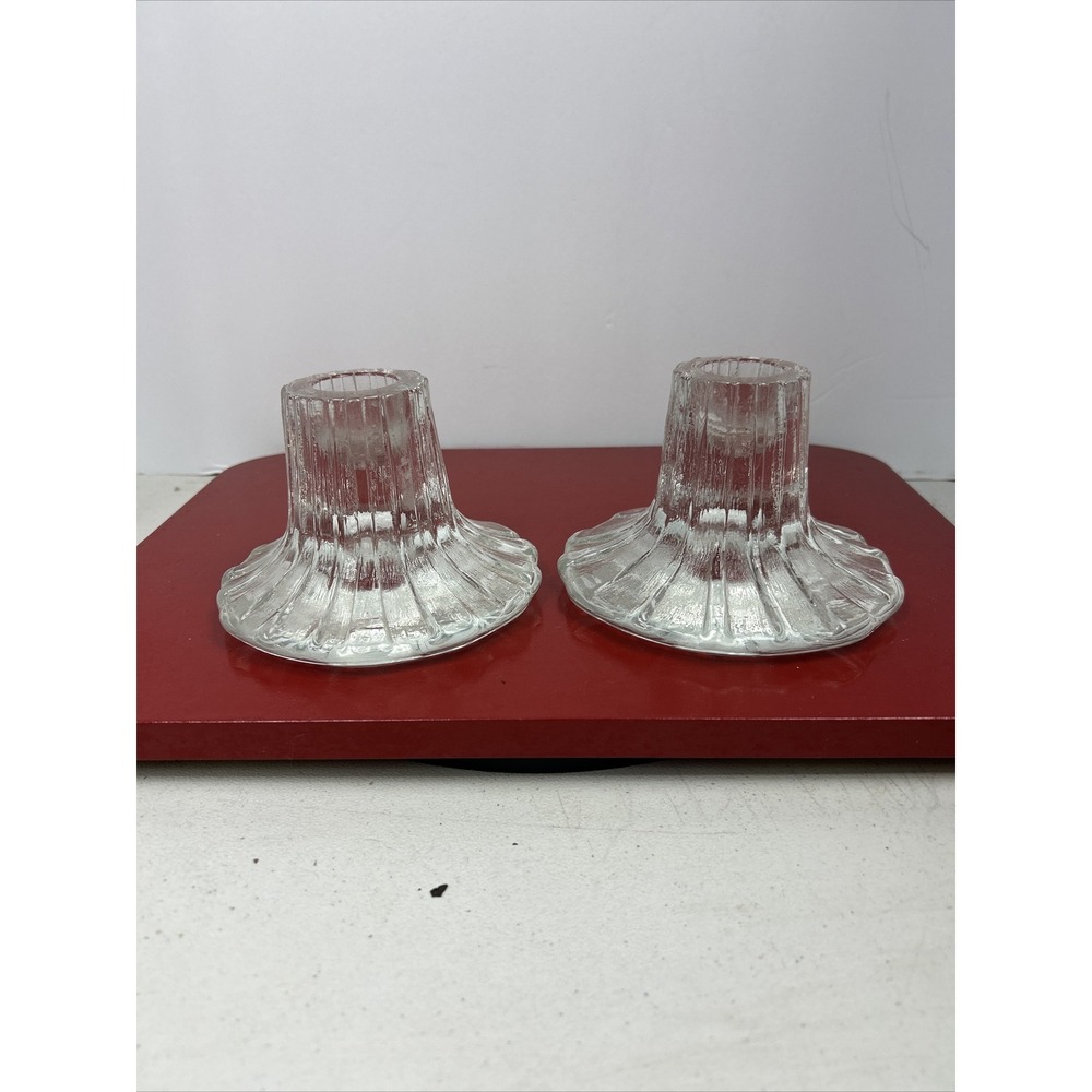 Vintage Ribbed Clear Glass Taper Candlestick Holders Set of 2 MCM Style